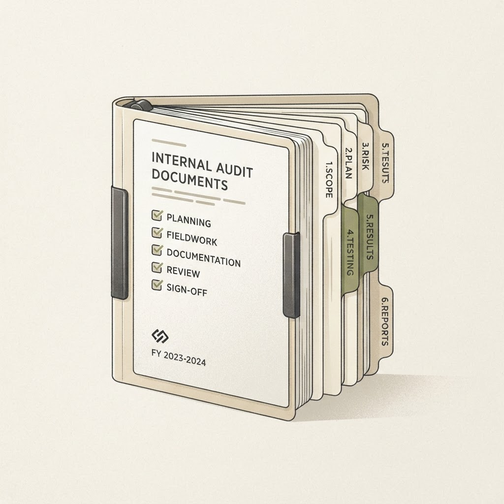 Illustration of an indexed compliance binder with tabbed dividers and a checklist cover page.