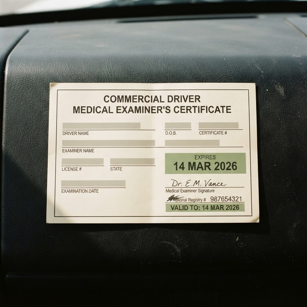 Sample photo of a commercial driver medical examiner's certificate resting on a truck dashboard, with an expiry date of 14 March 2026 highlighted.